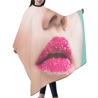 Personality  Cropped View Of Woman With Sugar On Lips Isolated On Blue  Hair Cutting Cape