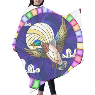 Personality  The Illustration In Stained Glass Style Painting With A Flying Duck On The Background Of Sky, Moon And Clouds, The Oval Image Of The Bright Frame Hair Cutting Cape