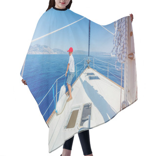 Personality  Little Boy On Board Of Sailing Yacht On Summer Cruise. Travel Adventure, Yachting With Child On Family Vacation. Hair Cutting Cape