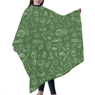 Personality  Back To School Seamless Pattern Of Kids Doodles With Bus, Books, Hair Cutting Cape