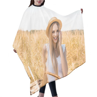 Personality  Selective Focus Of Stylish Blonde Woman In Summer Outfit Talking On Smartphone While Looking At Camera In Field Hair Cutting Cape