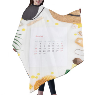 Personality  June Calendar Page, Wooden Block With June Inscription, Straw Hat, Digital Camera, Lily Flower, Green Leaves, Sunglasses, Sunscreen, Waffles, Bikini Bra Isolated On White Hair Cutting Cape