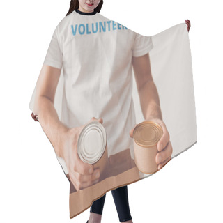 Personality  Volunteer Putting Tin Cans In Paper Bag Hair Cutting Cape