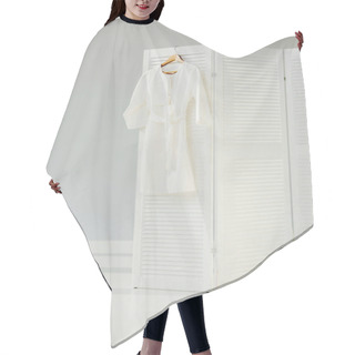 Personality  Elegant White Dress Hanging On Wooden Room Divider Hair Cutting Cape