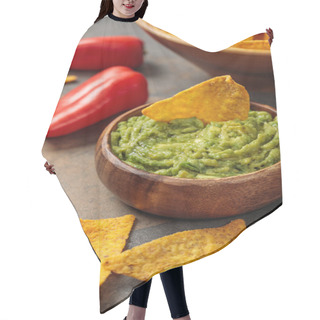 Personality  Close Up View Of Crispy Mexican Nachos With Guacamole And Chili Peppers On Stone Table Hair Cutting Cape