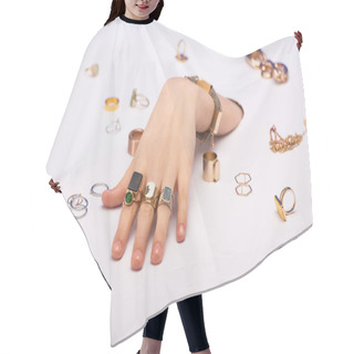 Personality  Cropped View Of Woman With Bracelet On Hand Near Golden Rings On White  Hair Cutting Cape
