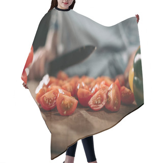 Personality  Cropped Image Of Cook Cutting Cherry Tomatoes On Wooden Board  Hair Cutting Cape