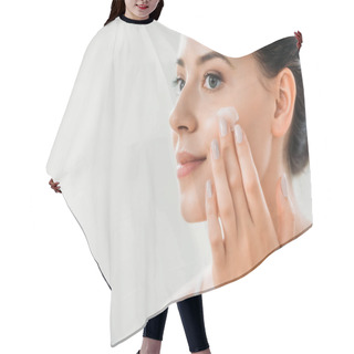 Personality  Beautiful Smiling Young Woman Applying Face Cream And Looking Away Hair Cutting Cape