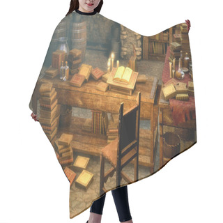 Personality  A 3D Illustration Of A Medieval Room Full Of Antique Books, A Candle-lit Table, And A Rustic Bookcase, Evoking History. Hair Cutting Cape