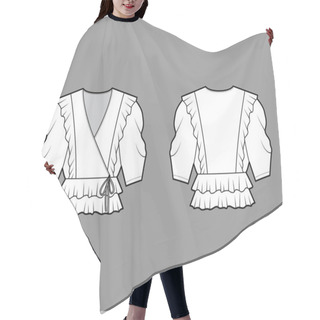 Personality   Ruffled Wrap Blouse Technical Fashion Illustration With Peplum Hem, Elbow Volume Sleeves. Hair Cutting Cape
