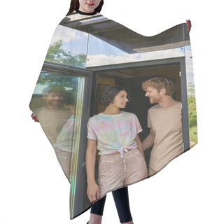 Personality  Happy Asian Woman Looking At Redhead Boyfriend While Leaving Home, Standing Near Entrance Together Hair Cutting Cape