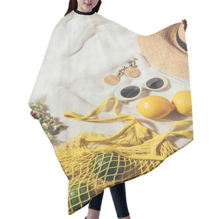 Personality  High Angle View Of Straw Hat, Sunglasses, Earrings, Flowers And Yellow String Bag With Ripe Tropical Fruits Hair Cutting Cape