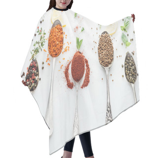 Personality  Top View Of Spices In Silver Spoons Near Herbs And Lemon Slices On White Background Hair Cutting Cape