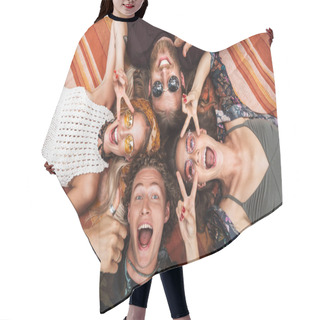 Personality  Photo Of Attractive Hippies Guys And Girls Laughing And Lying On Blanket In Circle Outdoor Hair Cutting Cape