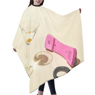 Personality  Transparent Glass With Cocktail And Olive Near Pink Vintage Phone On Beige Background Hair Cutting Cape