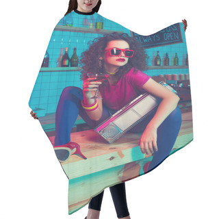 Personality  Stylish Woman With Cocktail And Boombox Hair Cutting Cape