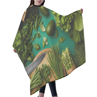 Personality  Top View Of Various Ripe Vegetables With Wooden Cutting Board And Knife On Green Surface Hair Cutting Cape