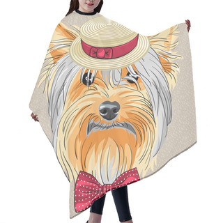 Personality  Vector Funny Cartoon Hipster Dog Yorkshire Terrier Hair Cutting Cape