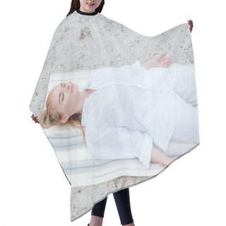Personality  Overhead View Of Attractive Blonde Woman With Closed Eyes Meditating While Lying On Yoga Mat Hair Cutting Cape