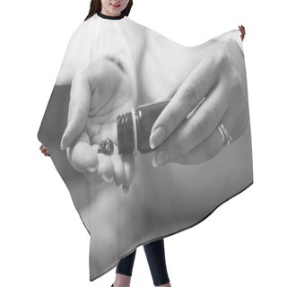 Personality  Black And White Photo Of Pregnant Woman Holding Pills On Hand Hair Cutting Cape