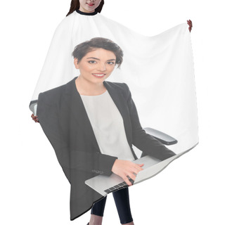 Personality  Smiling Mixed Race Businesswoman Using Laptop While Sitting In Office Chair And Looking At Camera Isolated On White Hair Cutting Cape