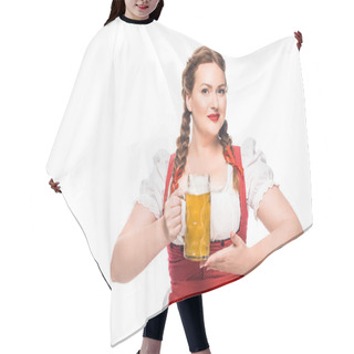 Personality  Attractive Oktoberfest Waitress In Traditional Bavarian Dress Holding Mug Of Light Beer Isolated On White Background Hair Cutting Cape