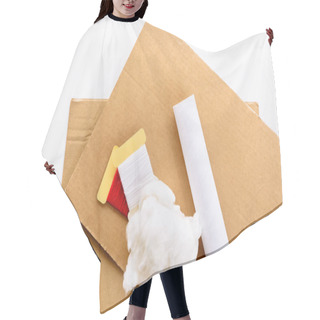 Personality  A Sheets Of Brown Cardboard, Tube Of Paper Towel, Threads And Wadding On A White Background. Material For Use In A Step By Step Instruction For The Manufacture Of New Year's Crafts, Christmas Tree. Hair Cutting Cape