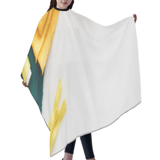 Personality  Panoramic Shot Of Fabric, Zipper And Threads On White Background  Hair Cutting Cape