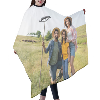 Personality  Happy Farm Family Looking At Camera Near Herd Grazing In Scenic Meadow Hair Cutting Cape