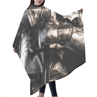 Personality  Cropped View Of Knight In Armor Holding Sword Isolated On Black  Hair Cutting Cape