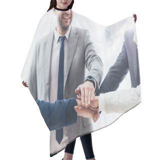 Personality  Cropped Shot Of Happy Business Team Stacking Hands In Office Hair Cutting Cape