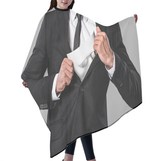 Personality  Cropped View Of Businessman In Black Suit Holding White Mask Isolated On Grey Hair Cutting Cape