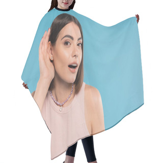 Personality  Don't Hear You Gesture, Tattooed Young Woman With Nose Piercing And Short Hair Holding Hand Near Ear On Blue Background, Generation Z, Listening, Opened Mouth, Curious  Hair Cutting Cape