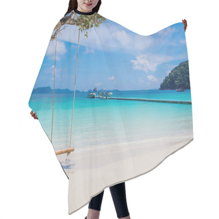 Personality  Rope And Bamboo Swing With White Sand Beach Sea View Background, Travel Plans In Holidays Or After Retirement Hair Cutting Cape