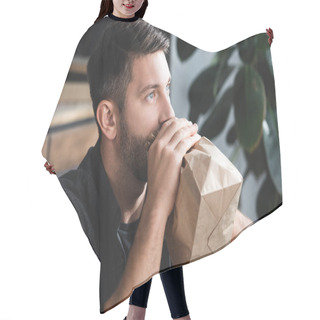 Personality  Handsome Man With Panic Attack Breathing In Paper Bag In Apartment  Hair Cutting Cape