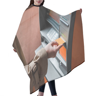 Personality  Cropped View Of Woman Holding Credit Card While Using Atm  Hair Cutting Cape