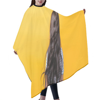 Personality  Back View Of Wind Blowing Through Brunette Hair Of Woman With Curls Isolated On Yellow, Panoramic Shot Hair Cutting Cape