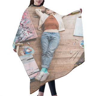Personality  Overhead View Of Tired Artist Sleeping On Floor In Painting Studio Hair Cutting Cape