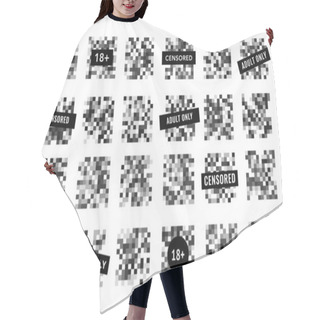 Personality  Censor Monochrome Mosaic Pixel Blur Vector Bars. Censorship Blurred Adult Content Or Nudity With Censored, Adult Only And 18 Plus Black Signs, Pixelation Effect Of Monochrome Square For Photo Or Video Hair Cutting Cape
