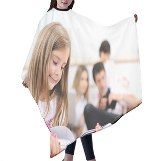 Personality  Little Girl Reading In Home, Indoor With Happy Family Hair Cutting Cape