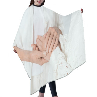 Personality  Cropped View Of Mother And Daughter Holding Hands Isolated On Grey  Hair Cutting Cape