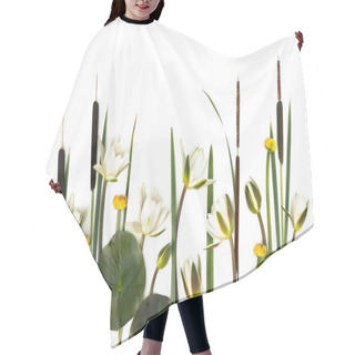 Personality  Aquatic Plants Which Grows In Wetlands: Bulrush (Typha, Or Reedmace, Cattail,  Cumbungi), Water Lilies (Nymphaea Candida), Yellow Lilies On A White Background With Space For Text. Top View, Flat Lay Hair Cutting Cape