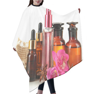 Personality  Bottles With Ingredients For The Perfume, Isolated On White Hair Cutting Cape