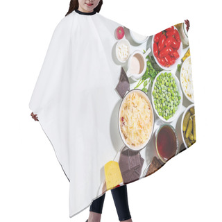Personality  Postbiotic, Prebiotic And Probiotic Food With Medicine Capsules. Set Super Healthy Fermented Food Sources, Drinks, Ingredients, On White Marble Background Copy Space Top View Hair Cutting Cape