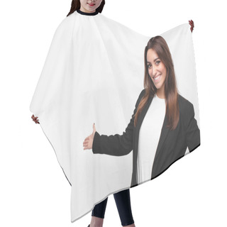 Personality  Young Pretty Businesswoman Feeling Happy And Cheerful, Smiling And Welcoming You, Inviting You In With A Friendly Gesture Against White Wall Hair Cutting Cape