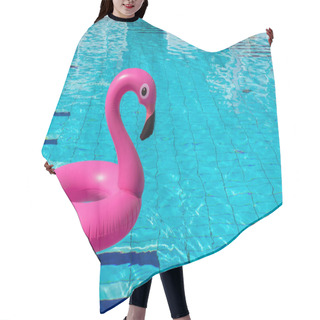 Personality  Summer Holiday Poster. Pink Inflatable Flamingo In Pool Water For Summer Beach Background. Funny Bird Toy For Kids Hair Cutting Cape