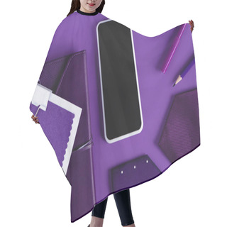 Personality  Top View Of Stylish Workspace In Purple Color Shades With Smartpohone And Supplies Hair Cutting Cape
