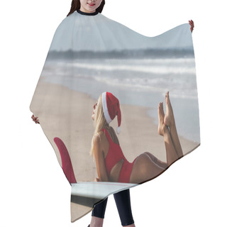 Personality  Blond Woman In Santa Hat And Surfboard On Tropical Beach Hair Cutting Cape
