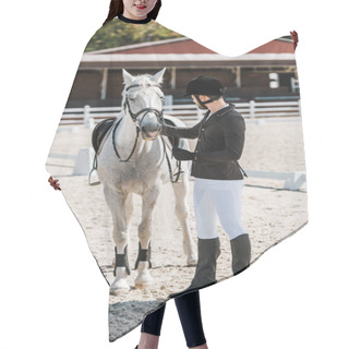 Personality  Handsome Male Equestrian Fixing Horse Halter At Horse Club Hair Cutting Cape