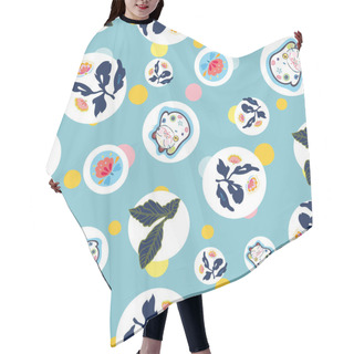 Personality  Blue Pattern With Happy Cat, Dot And Floral. Hair Cutting Cape